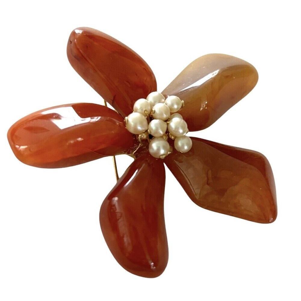 Orange Carnelian Flower Brooch Pin Faux Pearl Center Vintage Jewelry 3” MCM - Picture 4 of 8